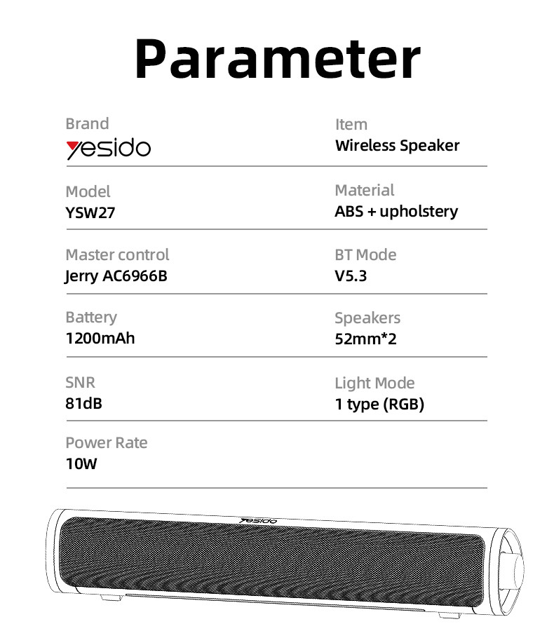 Yesido YSW27 10W Soundbar Wireless Bluetooth Speaker Parameter