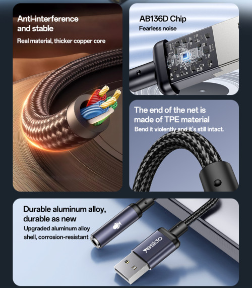 YAU46 Aluminum Alloy USB to 3.5MM High Ficelity Sound 48KHZ High Sampling Audio Cable