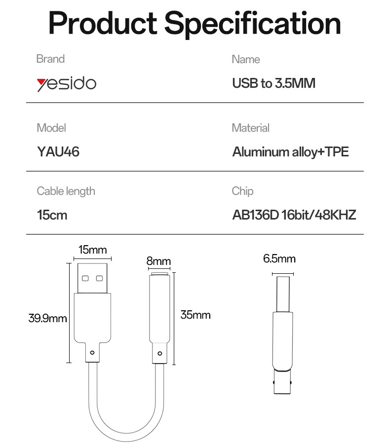 YAU46 USB to 3.5mm Audio Cable Parameter