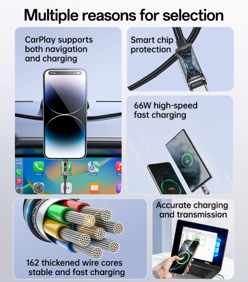CA137C 1.2Meter 66W Fast Charging USB to Type-C Streamer Light Support CarPlay Zinc Alloy Data Cable