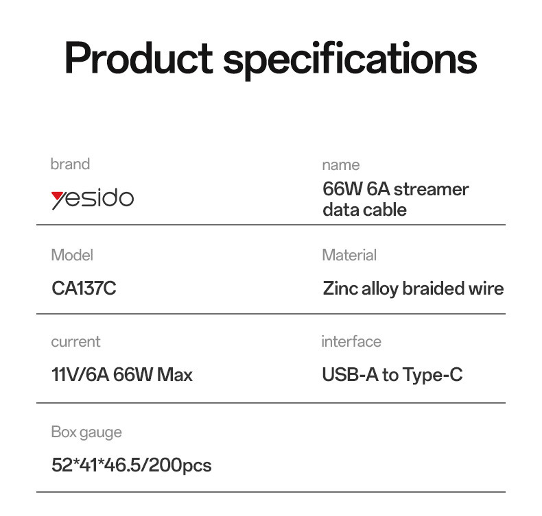 CA137C USB to Type-C 66W Fast Charging Data Cable Parameter
