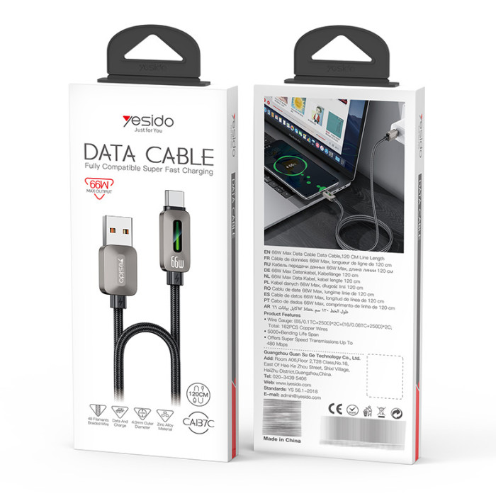 CA137C 1.2Meter 66W Fast Charging USB to Type-C Streamer Light Support CarPlay Zinc Alloy Data Cable