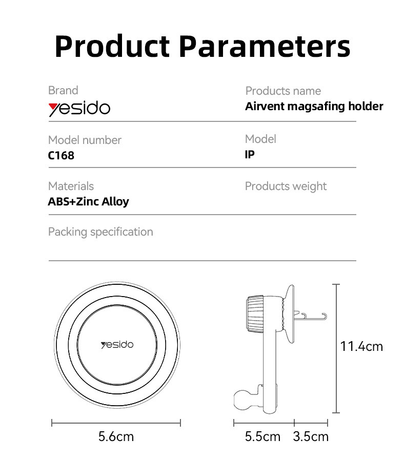 Yesido C168 Air Vent Magnetic Phone Holder Parameter