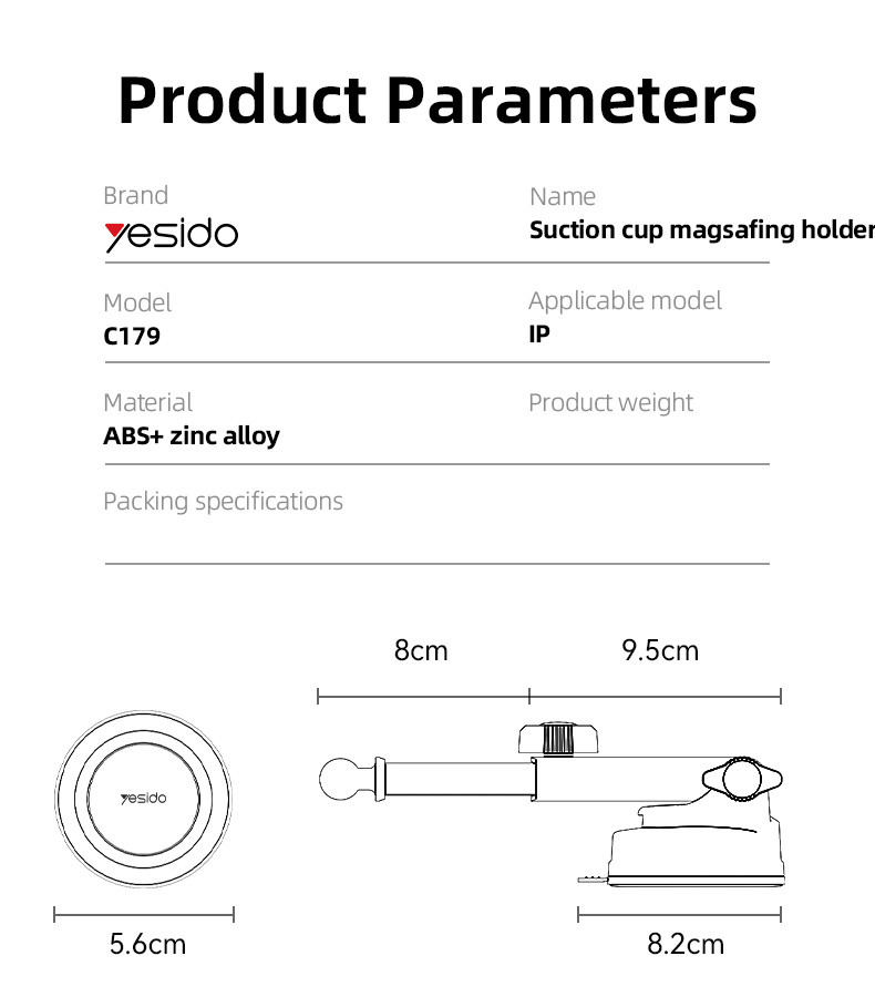 Yesido C179 Suction Cup Magnetic Car Phone Holder Parameter