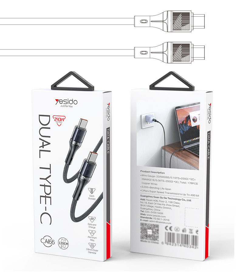 CA166 Type-C To Type-C 240W Fast Charging Data Cable packaging