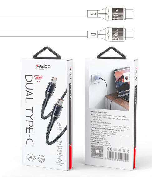 CA166 1.2M 240W Fast Charging Type-C to Type-C With 480Mbps Transfer Speed Data Cable