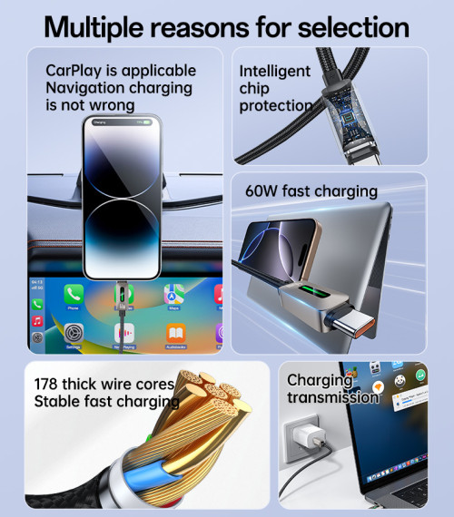 CA198 1.2 Meter 60W Fast Charging Type-C to Type-C CarPlay Applicable Zinc Alloy Data Cable