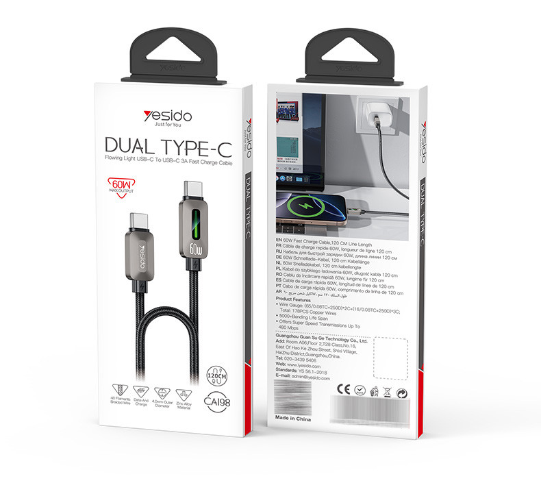 CA198 Type-C To Type-C 60W Fast Charging Data Cable packaging