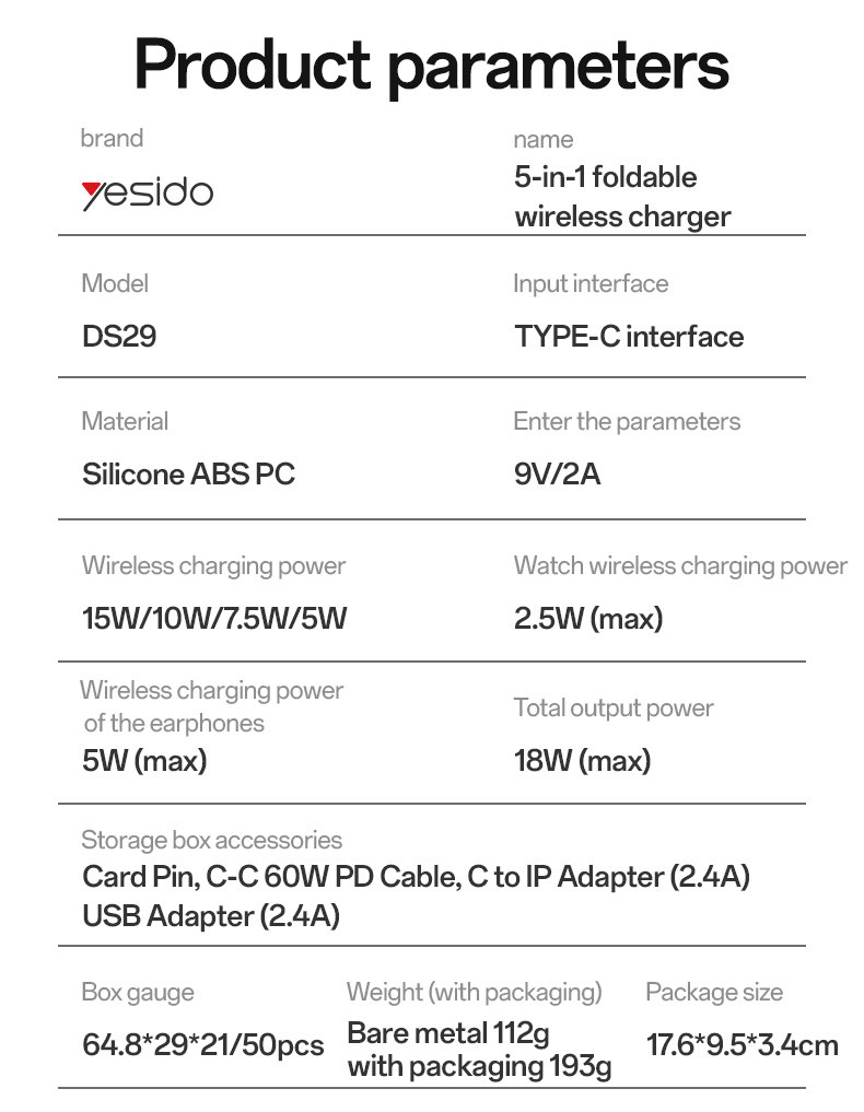 DS29 5 in 1 Multifunction Foldable Wireless Charger Parameter