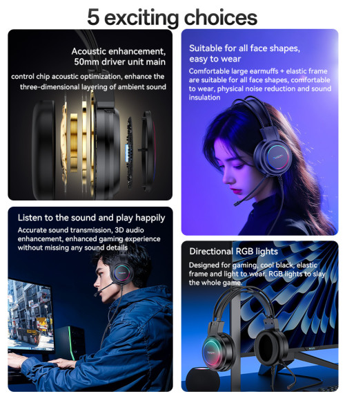 EK05 HD Microphone 3D Stereo Acoustics USB Interface RGB Gaming Wired Headset Wired Earphone