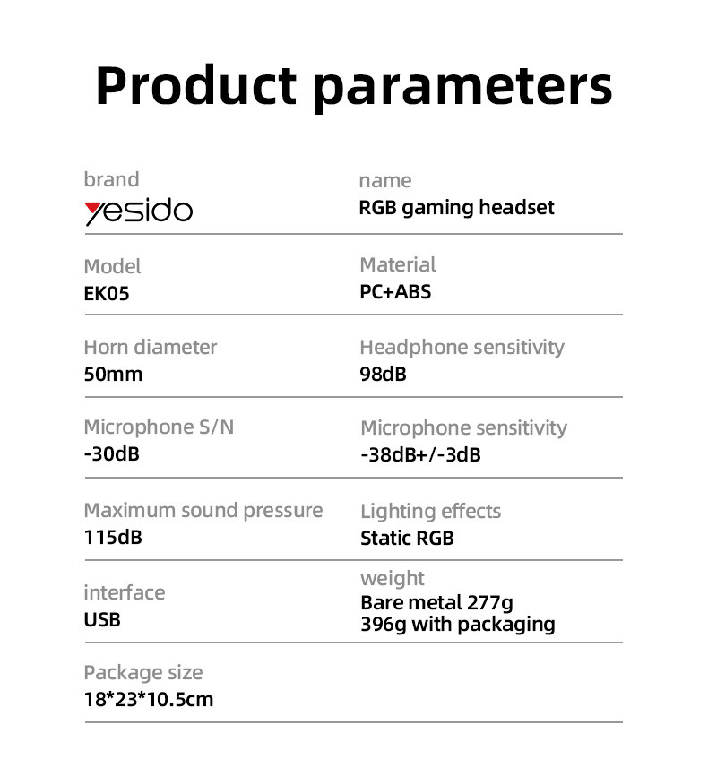 YESIDO EK05 USB Interface RGB Wired Gaming Headset Parameter