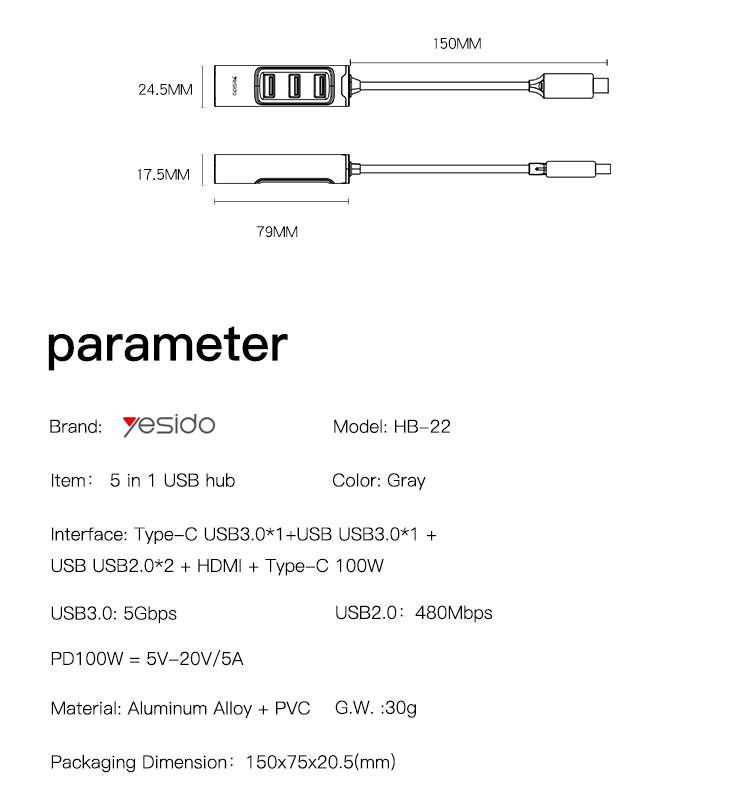 HB22 Type-C to USB and Charging USB Hub Parameter