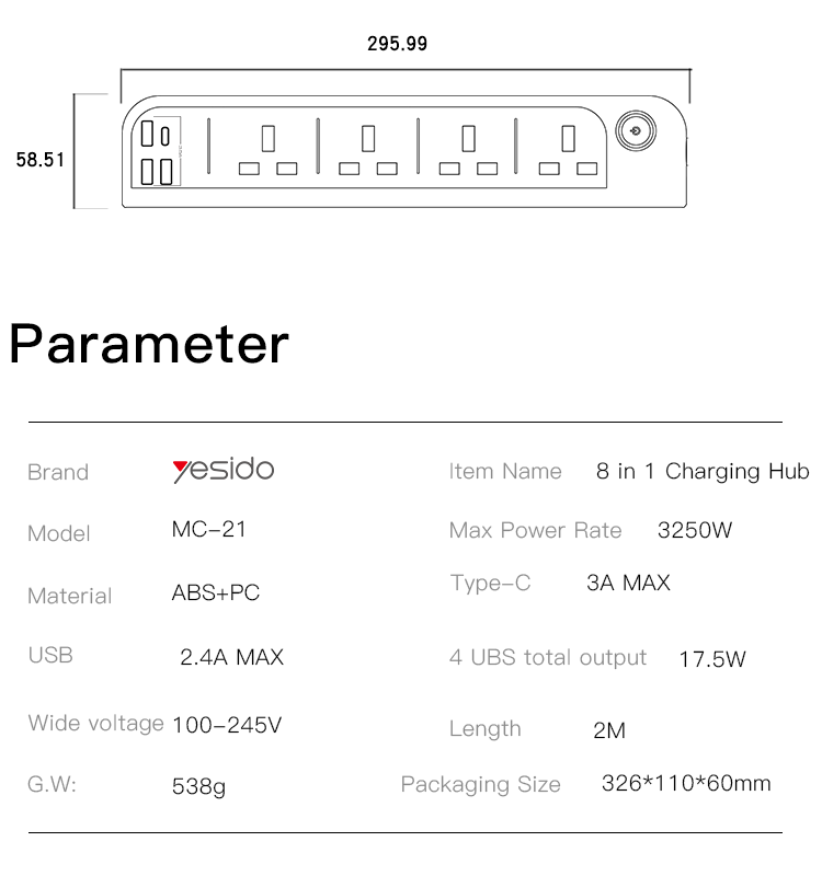 YESIDO MC21 3250W Power Socket Parameter