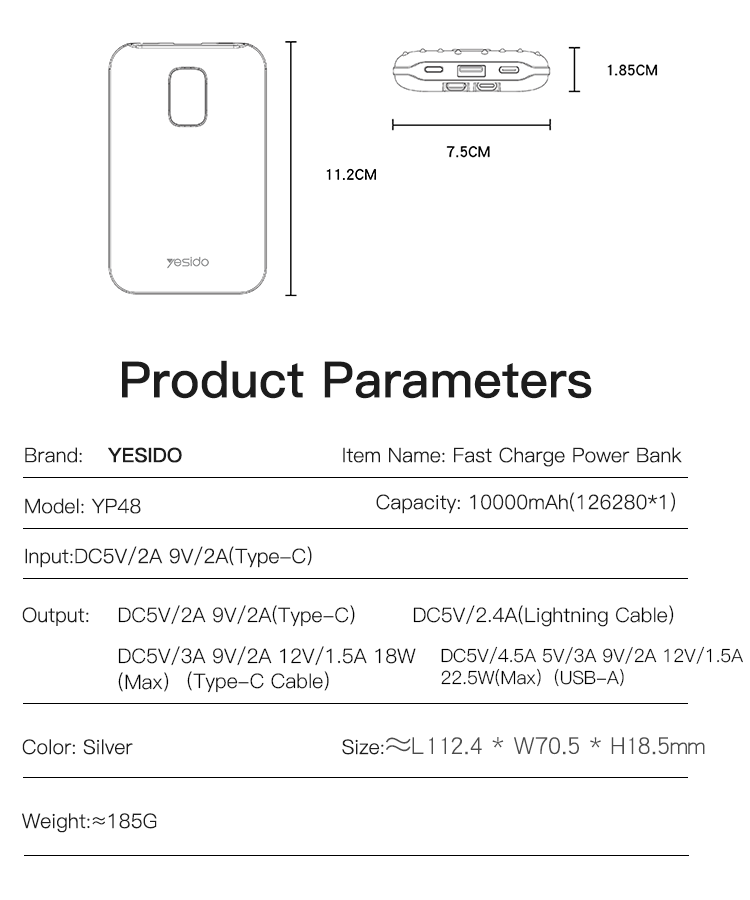 YESIDO YP48 22.5W 10000mAh Power Bank Parameter