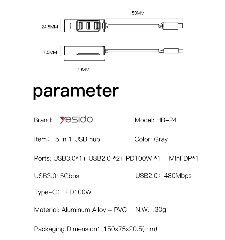 HB24 Type-C to USB and Charging USB Hub Parameter
