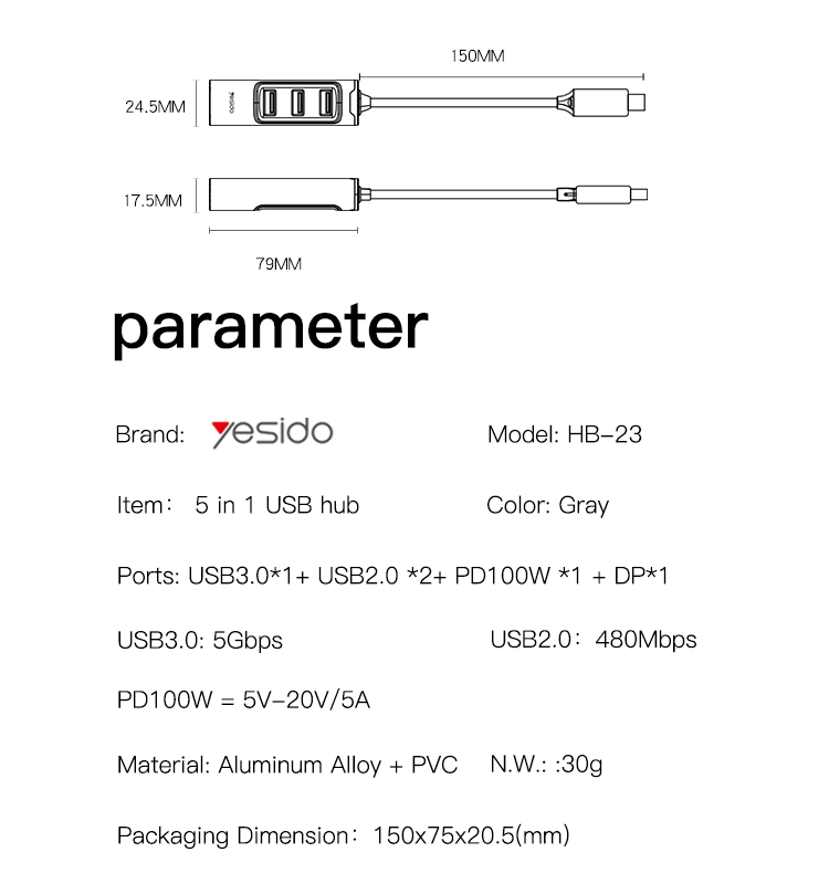 HB23 Type-C to USB and Charging USB Hub Parameter