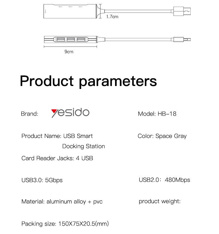 HB18 USB to USB and Charging USB Hub Parameter