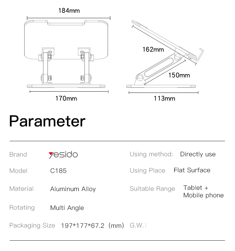 C185 Aluminum Alloy Tablet Holder Parameter