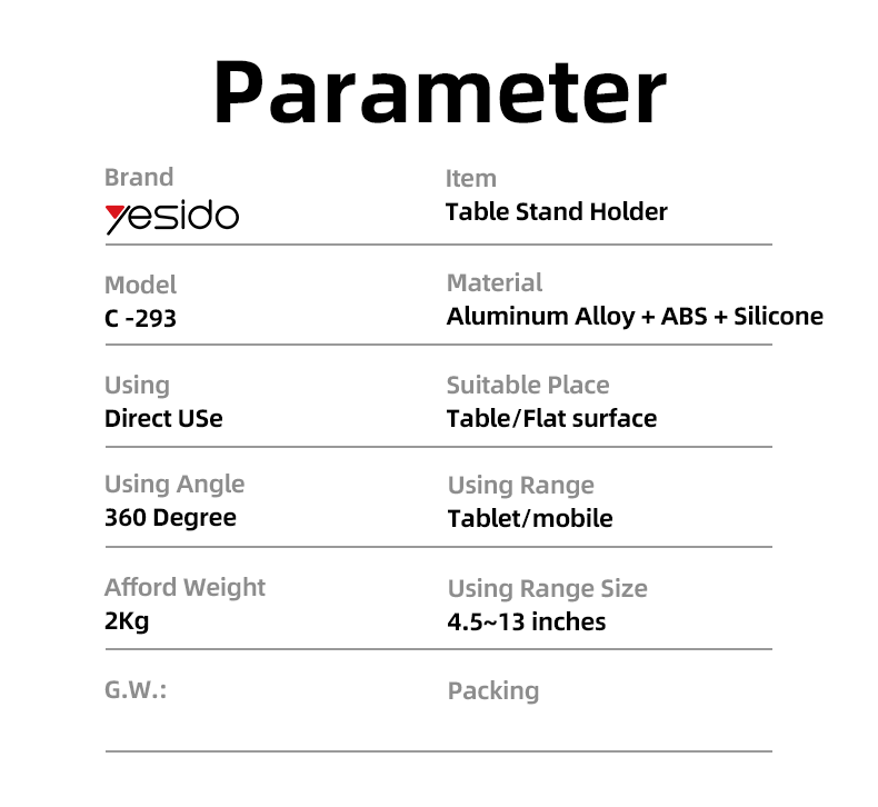 C293 Aluminum Alloy Tablet Holder Parameter