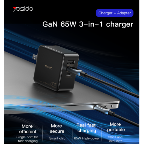 YC42 GaN 3 Ports Charger 3 in 1 Replacible charging plug 65W Mini Fast Charger For EU US UK