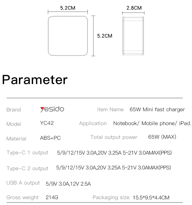 YC42 65W Wall Charger Adapter Parameter