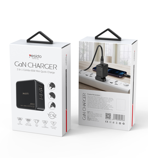 YC42 GaN 3 Ports Charger 3 in 1 Replacible charging plug 65W Mini Fast Charger For EU US UK