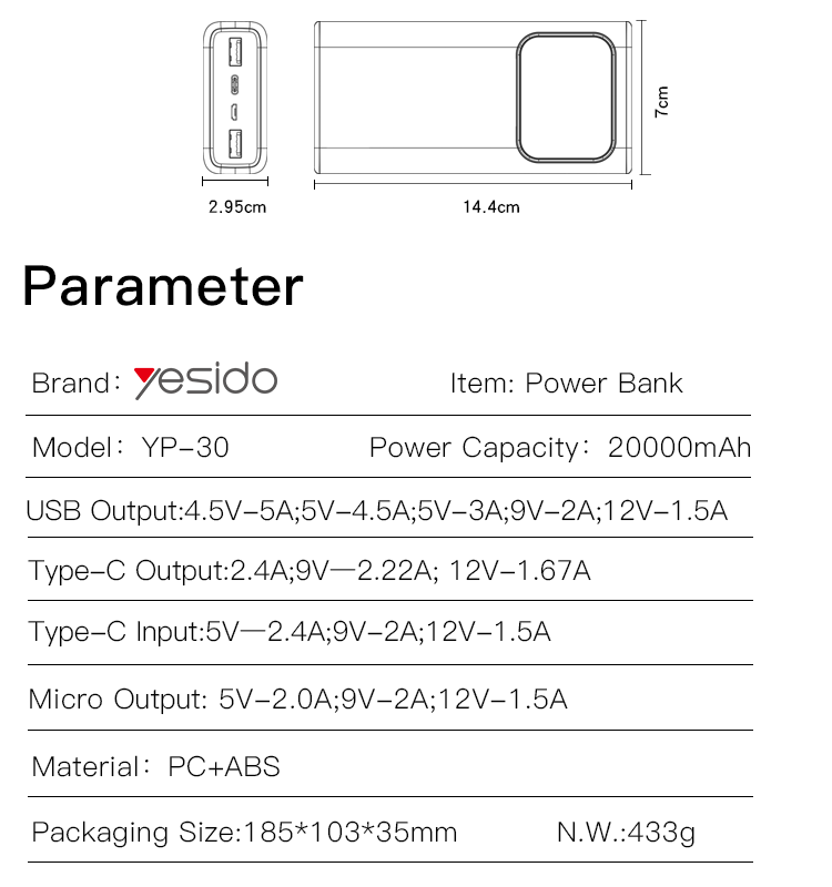 Yesido YP30 20000mAh Power Bank Parameter