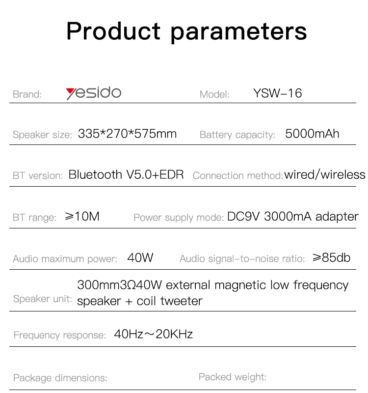 Yesido YSW16 40W Wireless Ourdoor Speaker Parameter