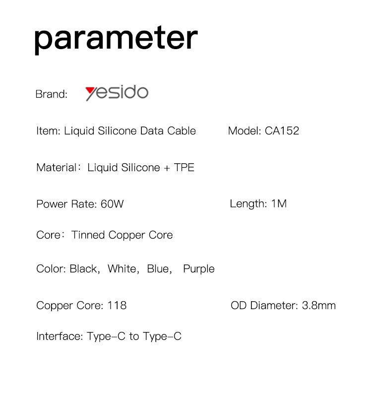 CA152 60W Type-C To Type-C Data Cable Parameter
