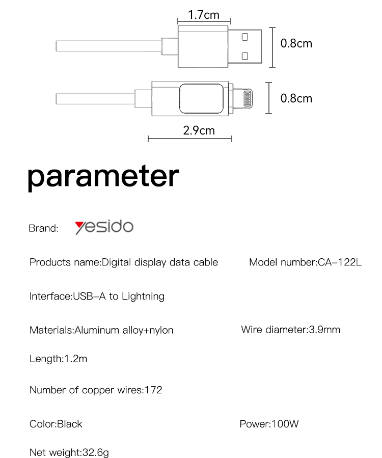 CA122L 12W USB To Lightning Data Cable Parameter
