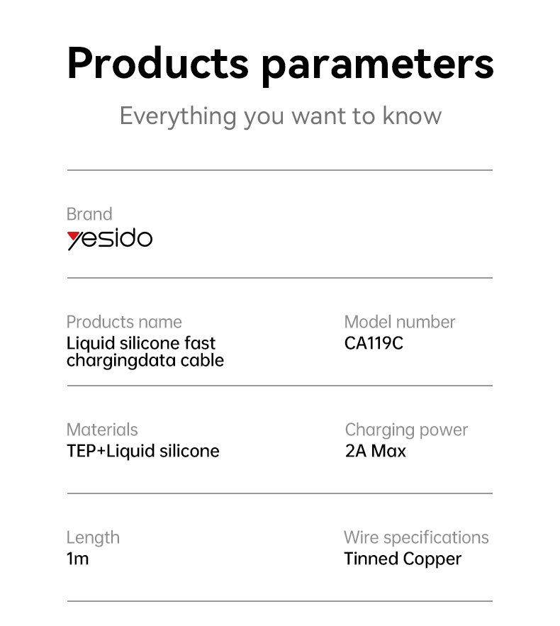 CA119C USB To Type-C Data Cable Parameter