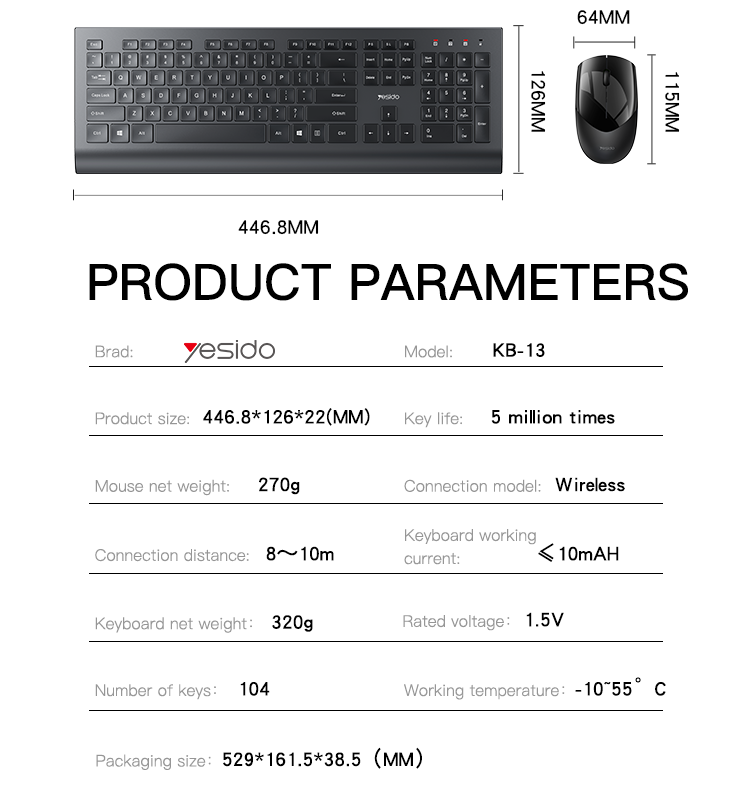 KB13 2.4G Wireless Keyboard & Mouse Set Parameter