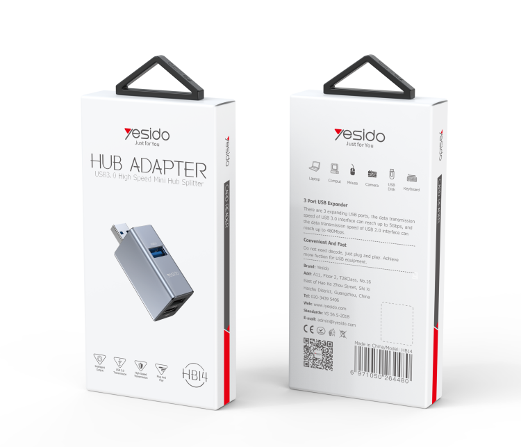 HB14 3 in 1 USB to 3 USB Hub Adapter Packaging