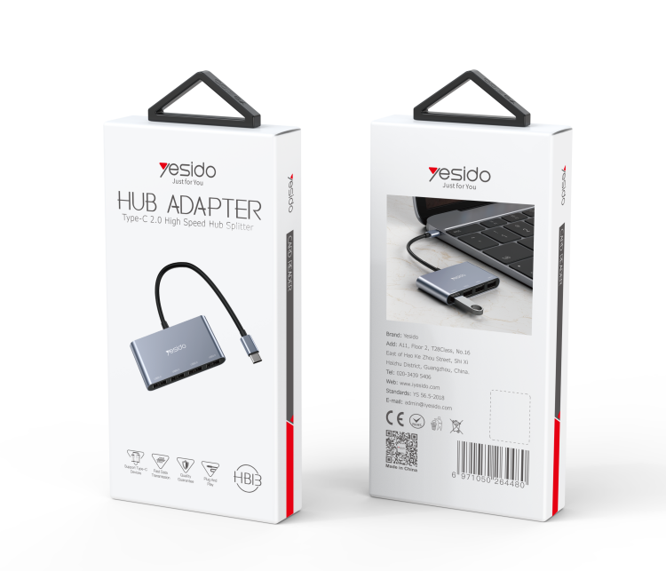 HB13 4 in 1 Type-C to 4 USB Hub Adapter Packaging