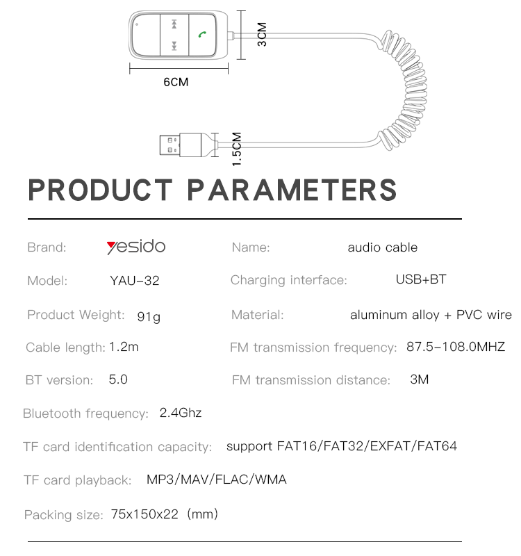 YAU32 Bluetooth Transmitter Audio Cable Parameter