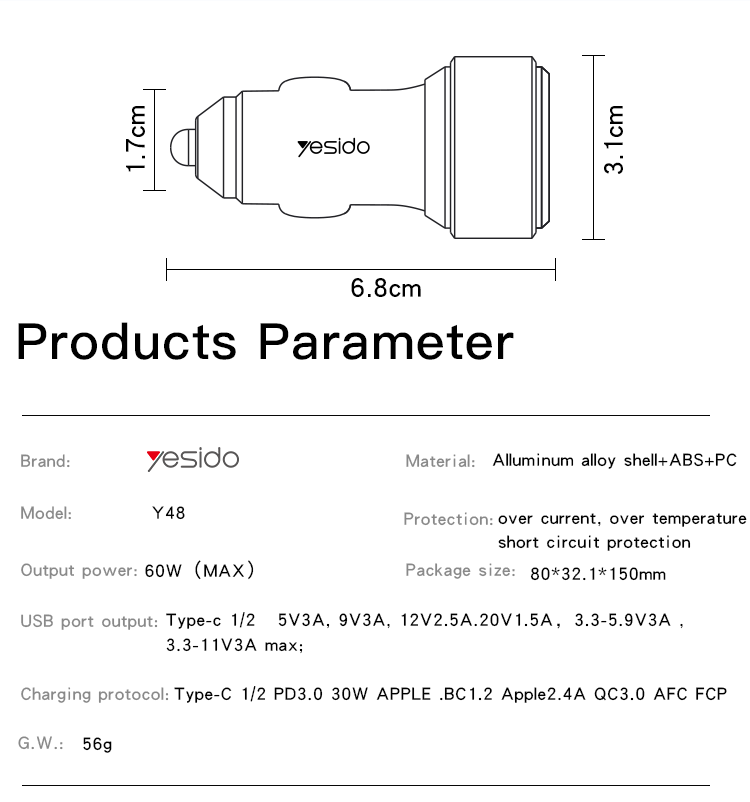 Y48 2 Ports PD Fast Charging Car Charger Parameter