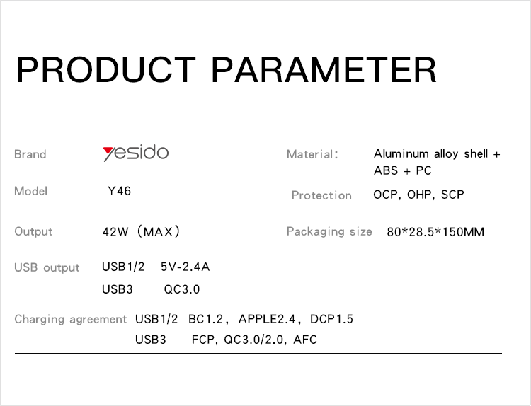 Y46 3 USB Ports Fast Charging Car Charger Parameter