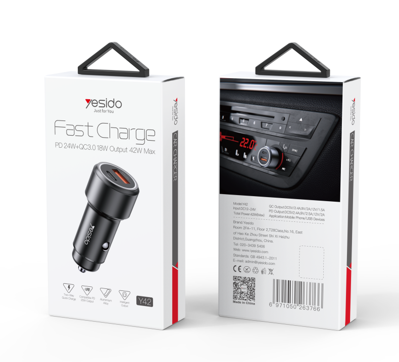 Y42 QC 3.0+PD 42W Fast Charging Car Charger Packaging