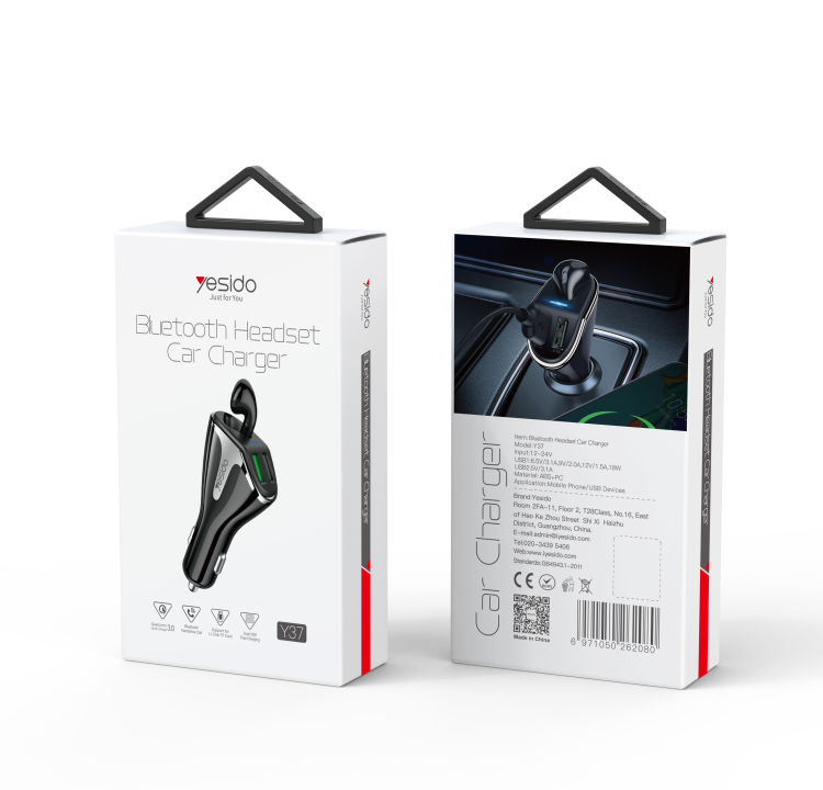 Y37 Fast Charging Car Charger With Bluetooth Earphone Packaging