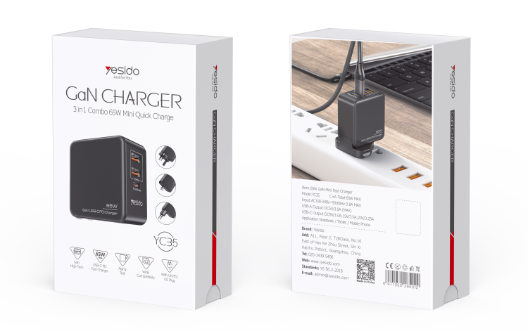 YC35 65W GaN Fast Charging Wall Charger Packaging