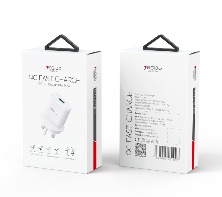 YC22 USB Port Fast Charging Wall Charger Packaging