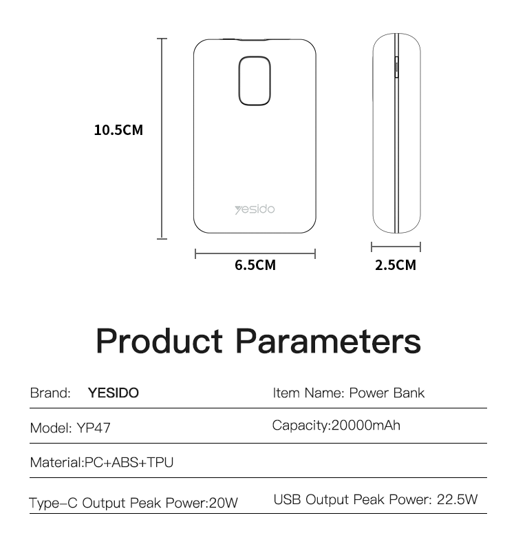 YESIDO YP47 20000mAh Power Bank Parameter