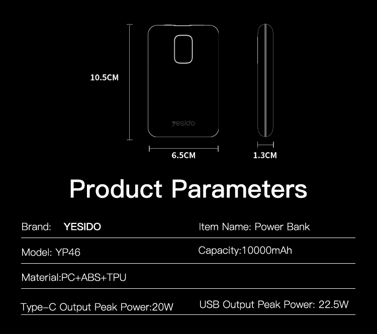 YESIDO YP46 10000mAh Power Bank Parameter