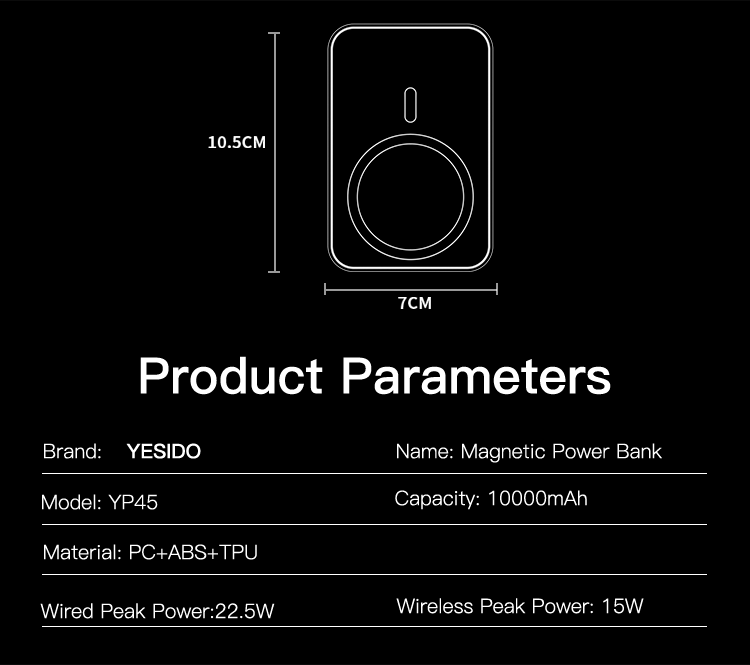YESIDO YP45 10000mAh Magnetic Power Bank Parameter