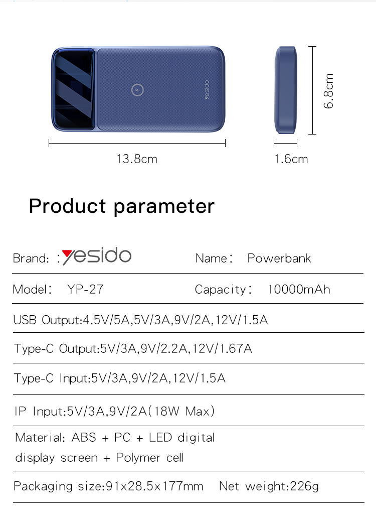 YESIDO YP27 10000mAh Power Bank Parameter