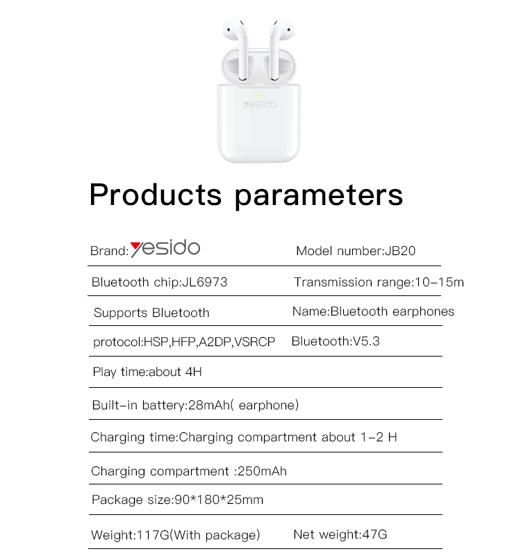 JB20 TWS Wireless Bluetooth Earphone Parameter