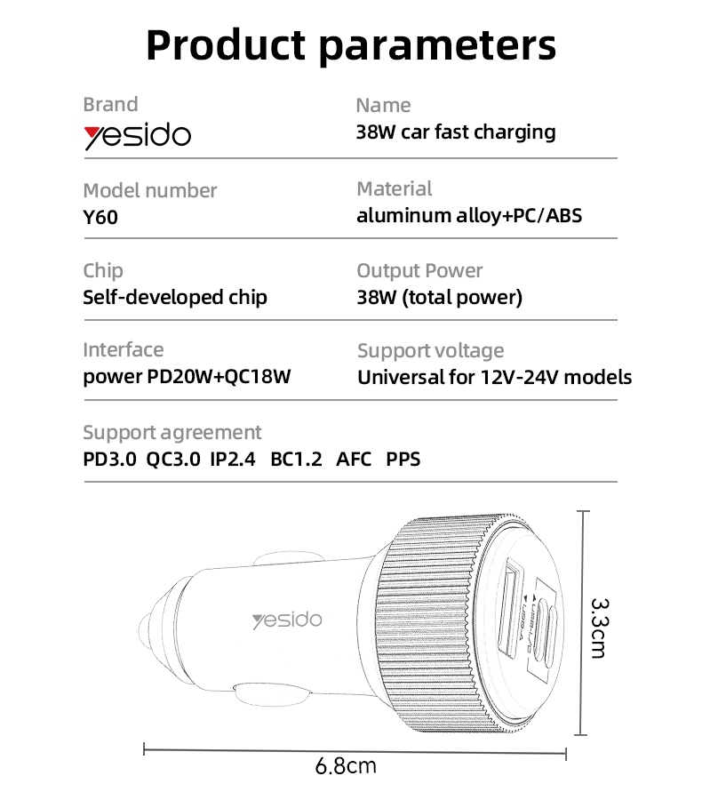 Y60 38W Fast Charging Car Charger Parameter
