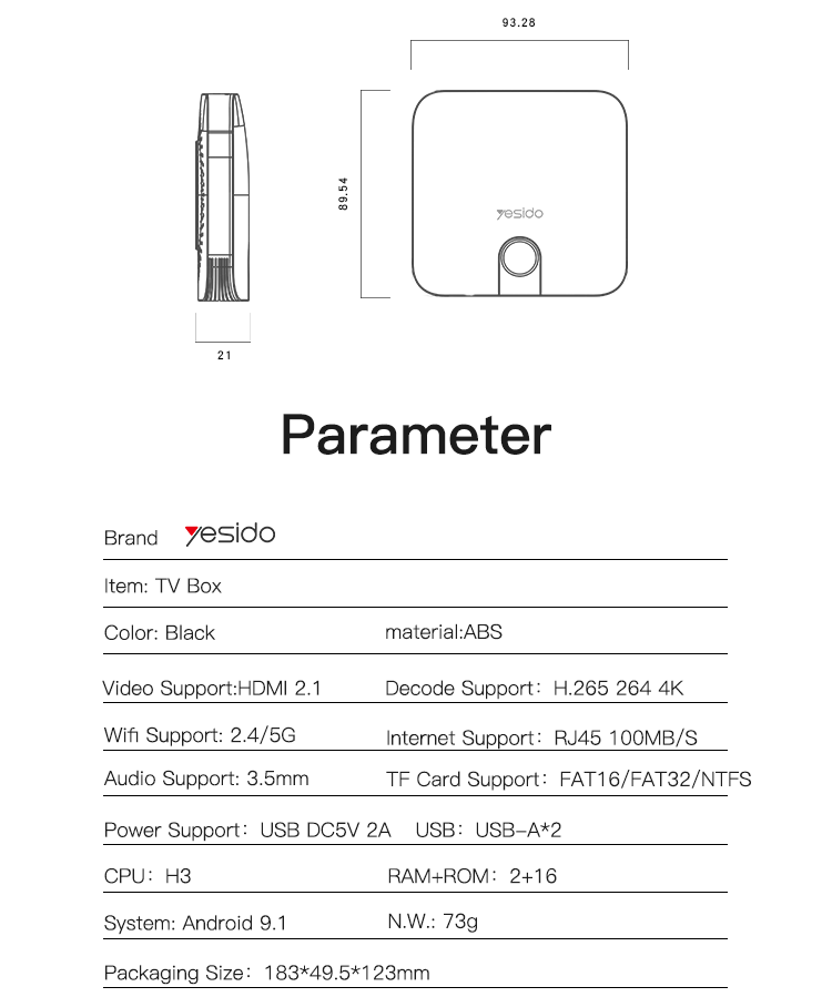 Yesido TV11 Smart TV Box Parameter