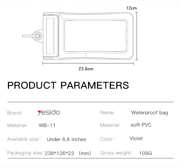 Yesido WB11 Waterproof Mobile Phone Pouch Parameter