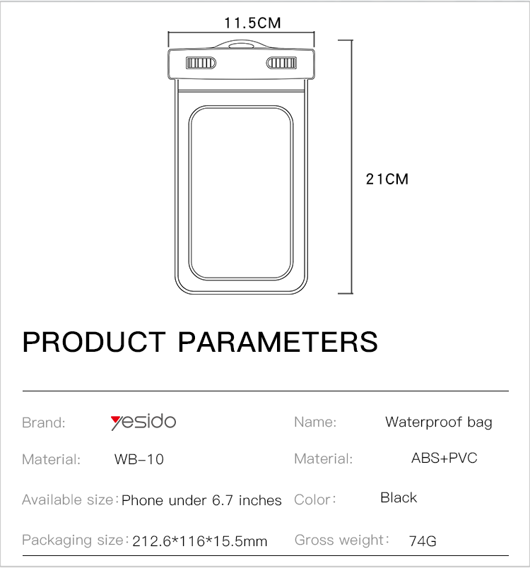 Yesido WB10 Waterproof Mobile Phone Pouch Parameter